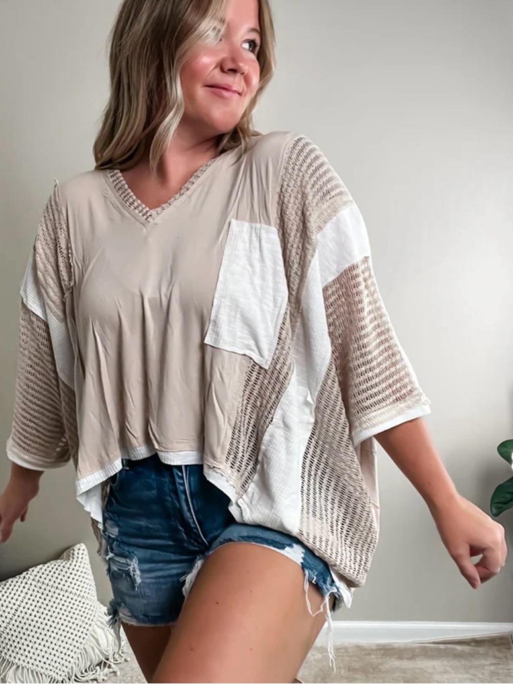 POL Patchwork Dolman Sleeve Slouchy Knit Sweater Boho Lightweight Crochet Cream
